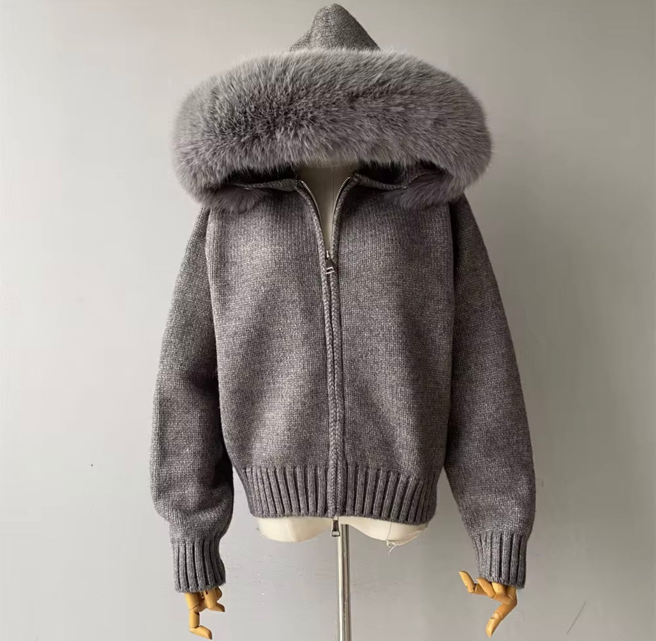 Grey Faux Fur Trim Knit Zip-Up Coat