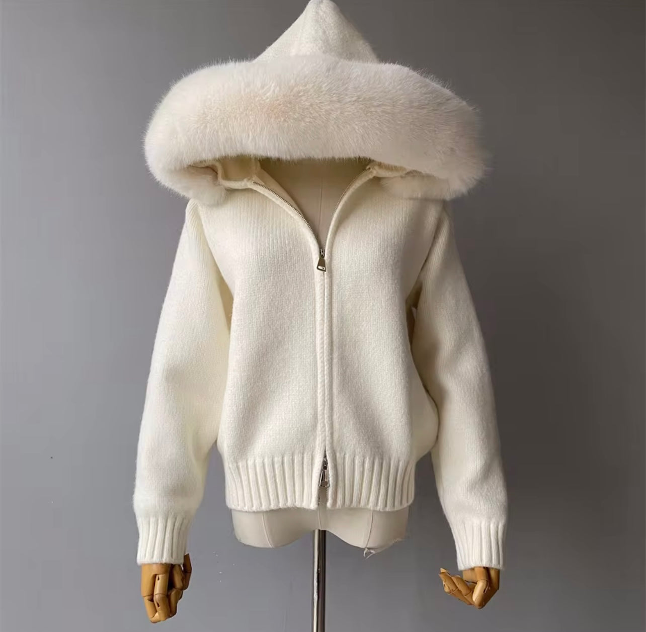 White Faux Fur Trim Knit Zip-Up Coat