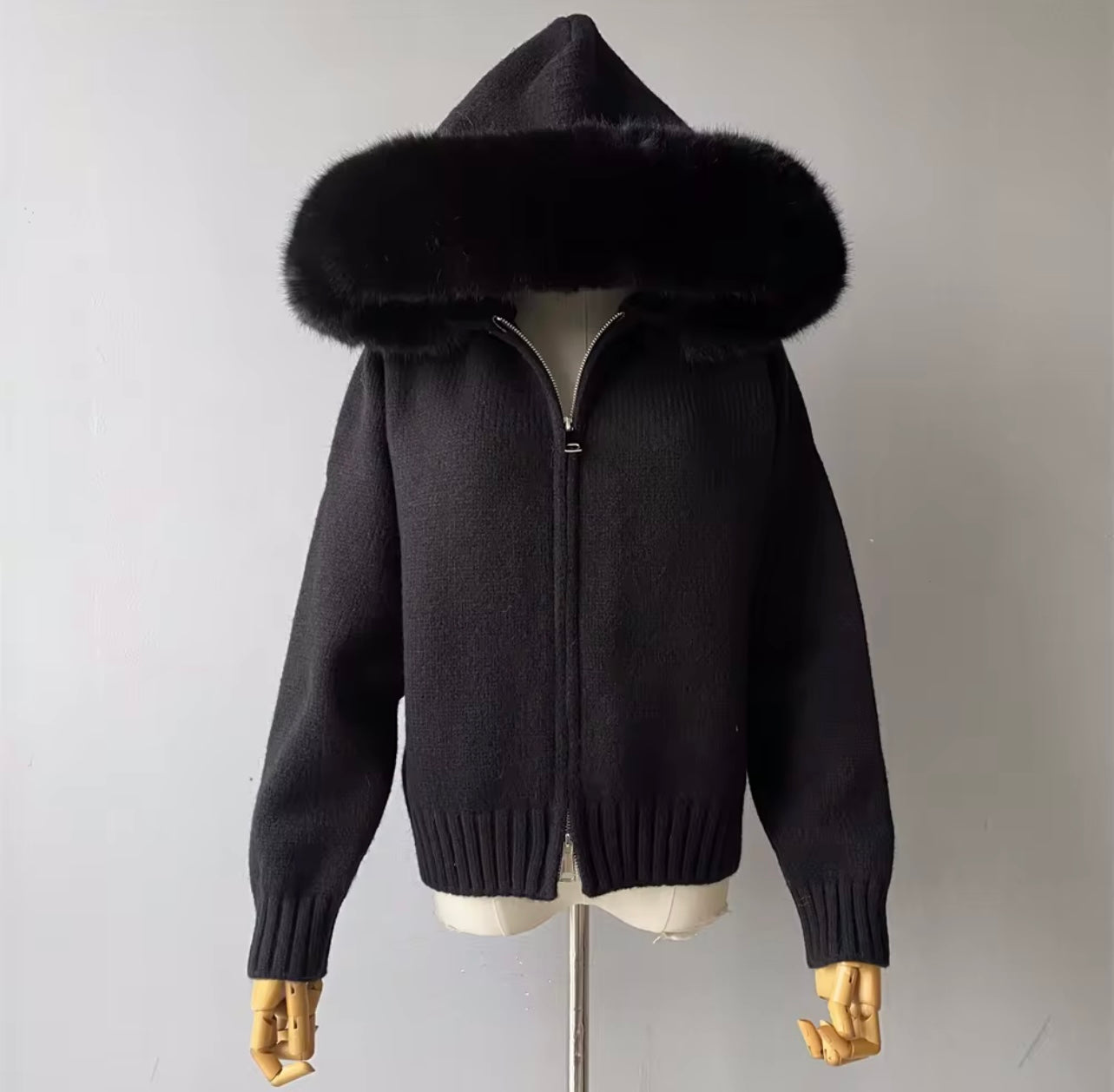 Black Faux Fur Trim Knit Zip-Up Coat