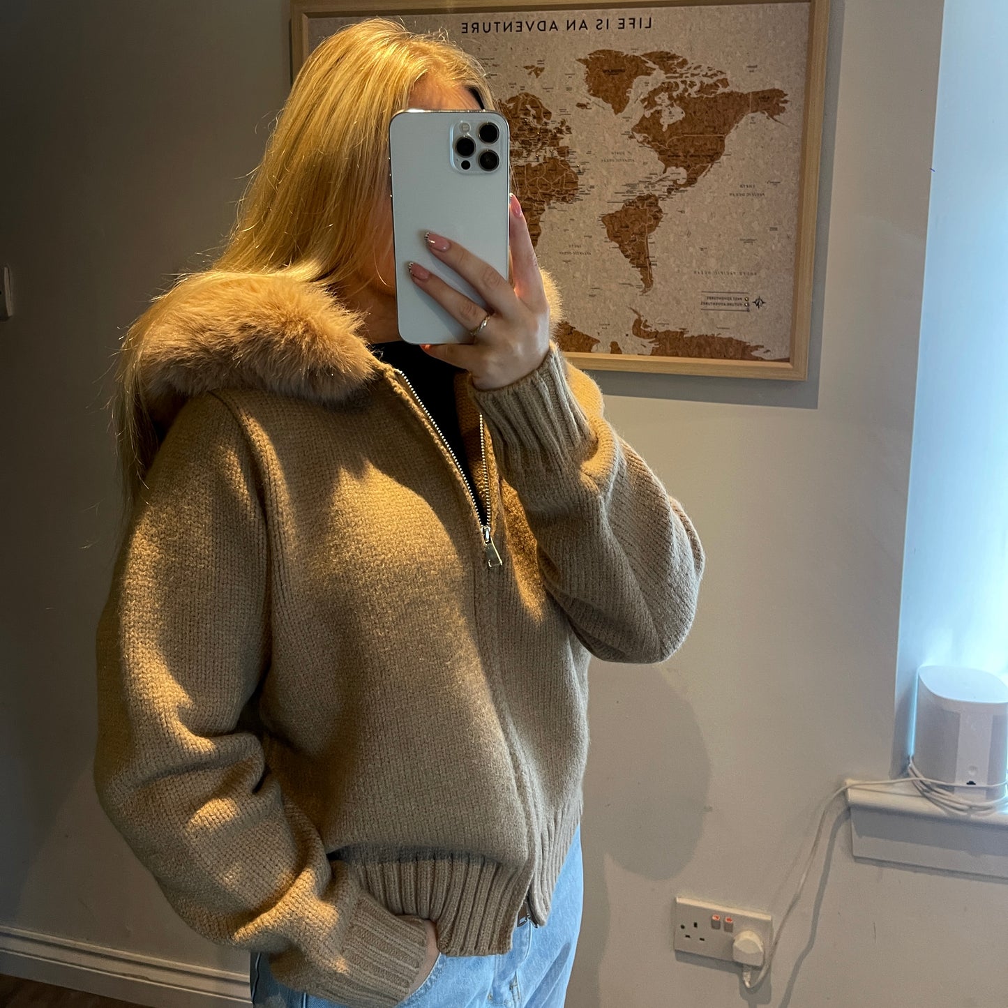 Camel Faux Fur Trim Knit Zip-Up Coat