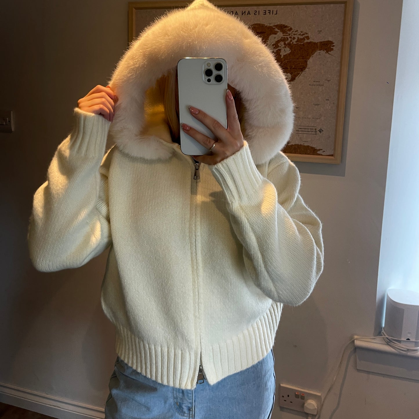 White Faux Fur Trim Knit Zip-Up Coat