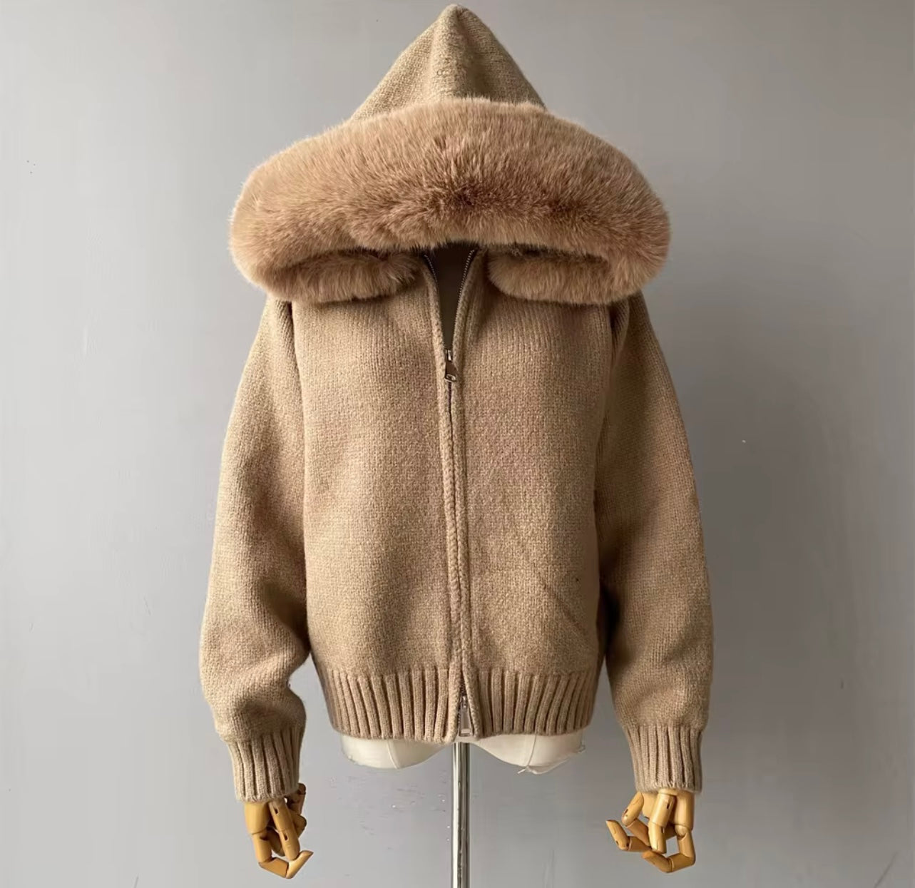 Camel Faux Fur Trim Knit Zip-Up Coat