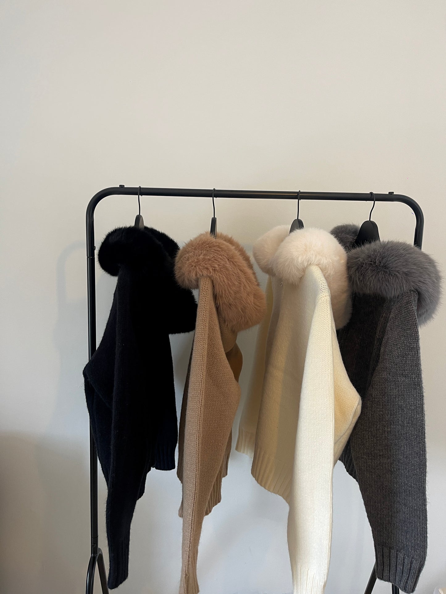 Black Faux Fur Trim Knit Zip-Up Coat