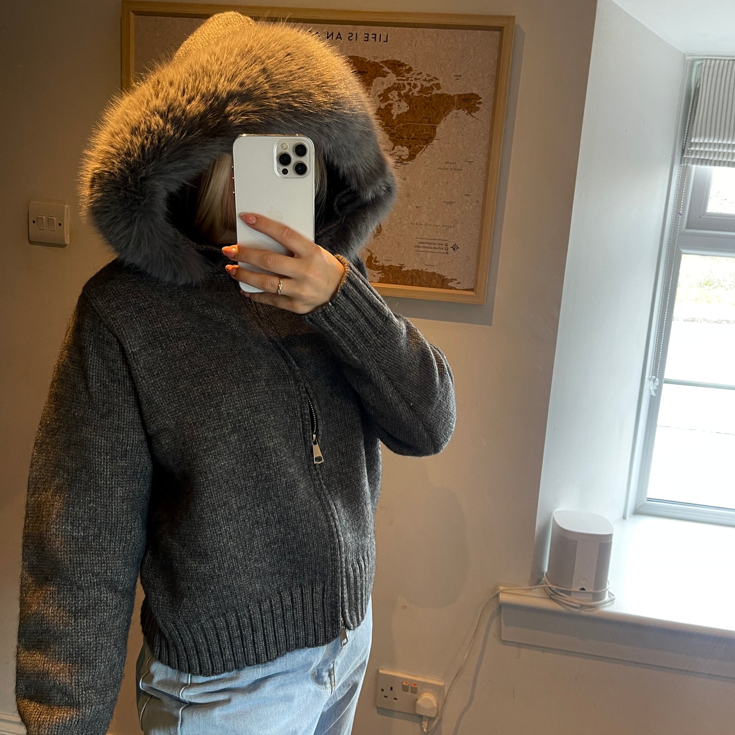 Grey Faux Fur Trim Knit Zip-Up Coat
