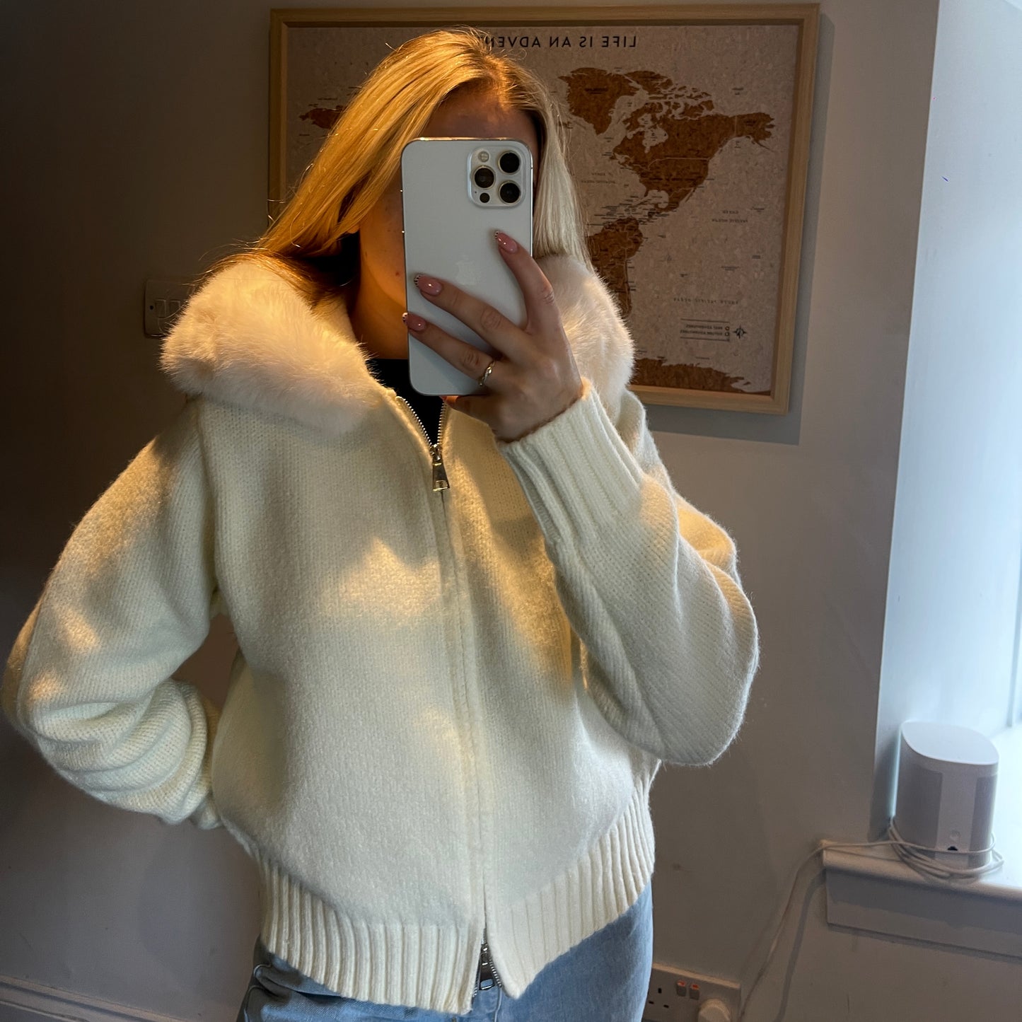 White Faux Fur Trim Knit Zip-Up Coat