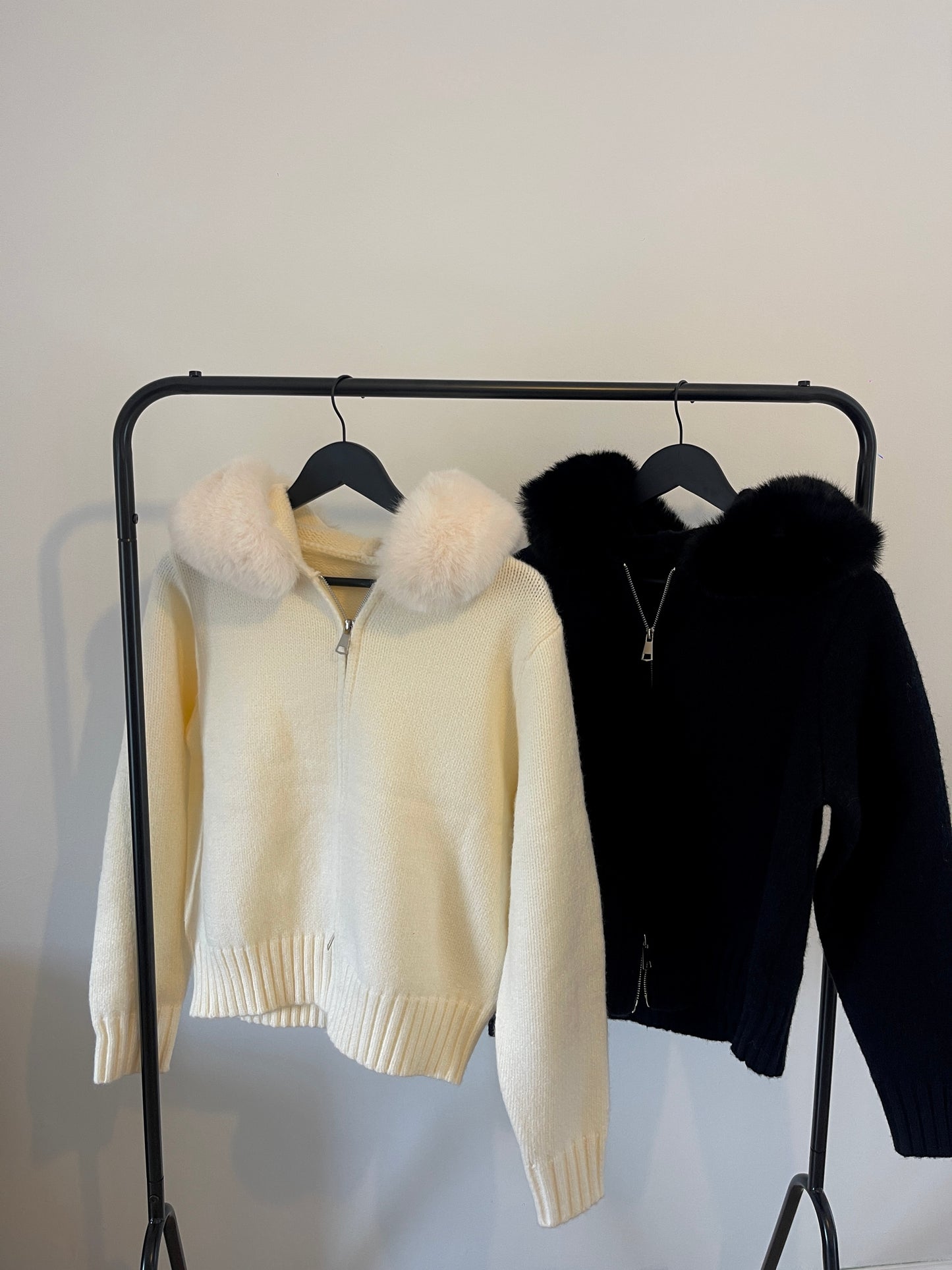 Black Faux Fur Trim Knit Zip-Up Coat