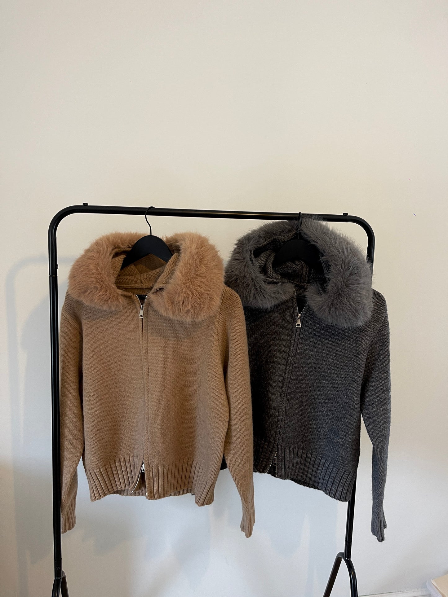Camel Faux Fur Trim Knit Zip-Up Coat