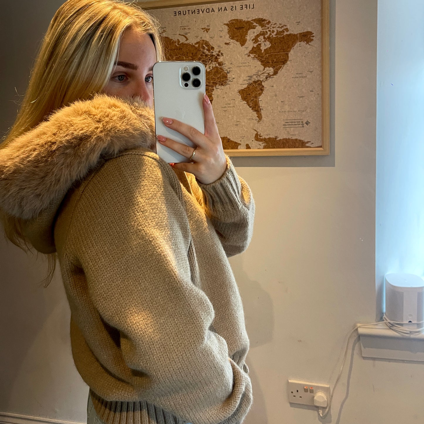 Camel Faux Fur Trim Knit Zip-Up Coat