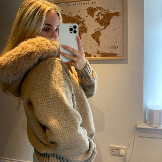 Camel Faux Fur Trim Knit Zip-Up Coat