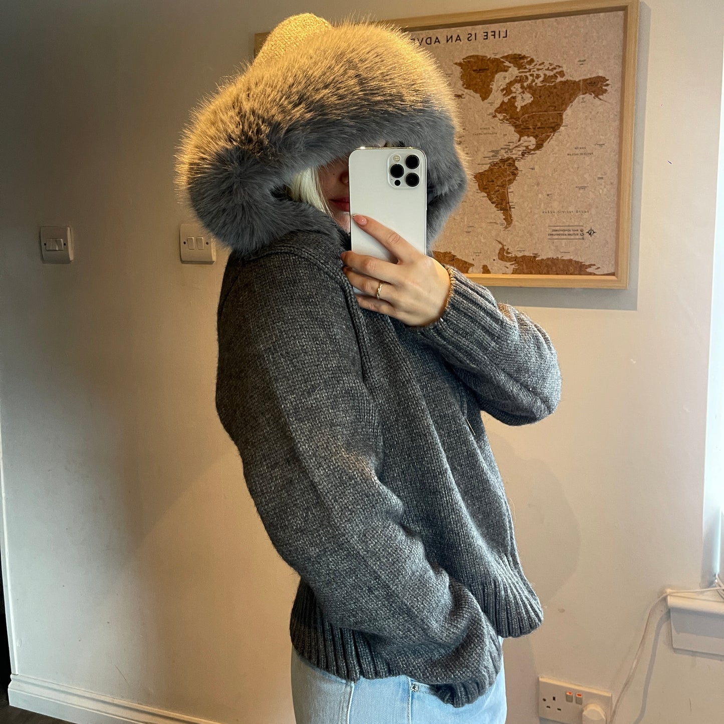 Grey Faux Fur Trim Knit Zip-Up Coat