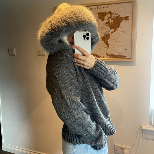 Grey Faux Fur Trim Knit Zip-Up Coat
