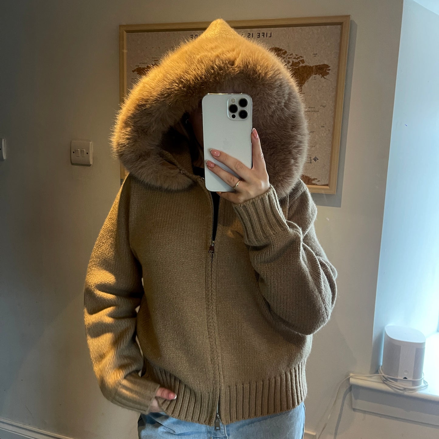 Camel Faux Fur Trim Knit Zip-Up Coat
