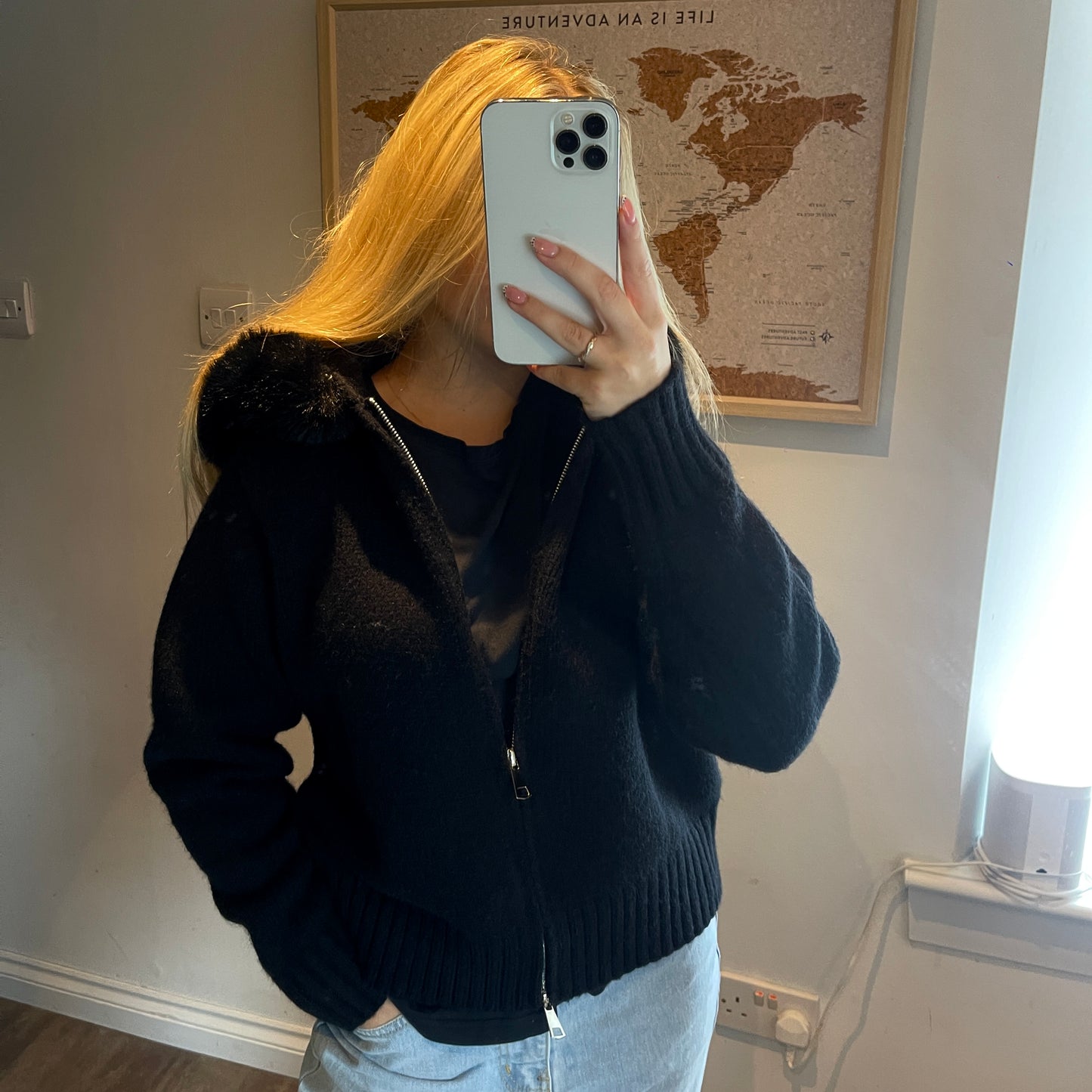 Black Faux Fur Trim Knit Zip-Up Coat