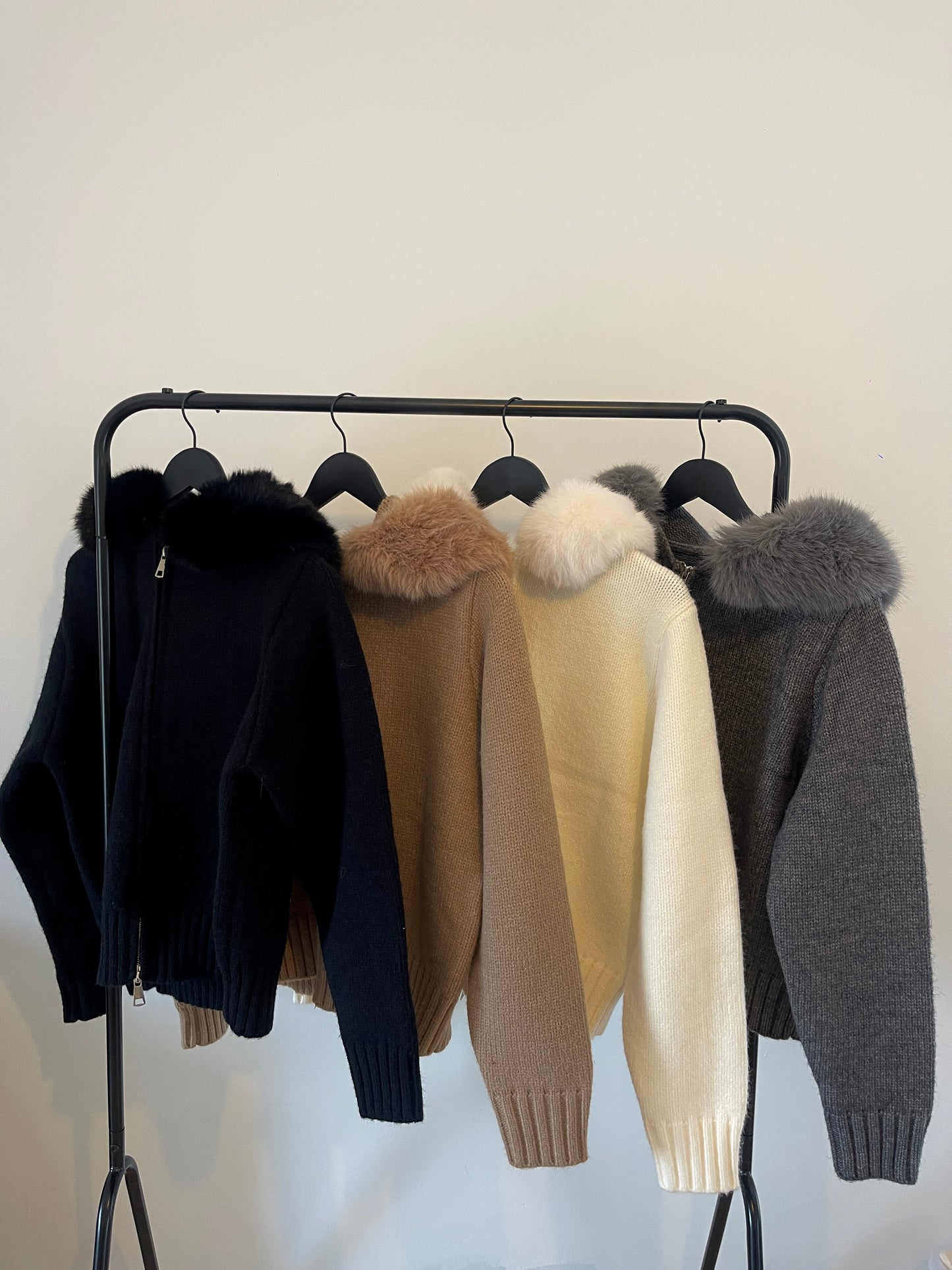 Black Faux Fur Trim Knit Zip-Up Coat