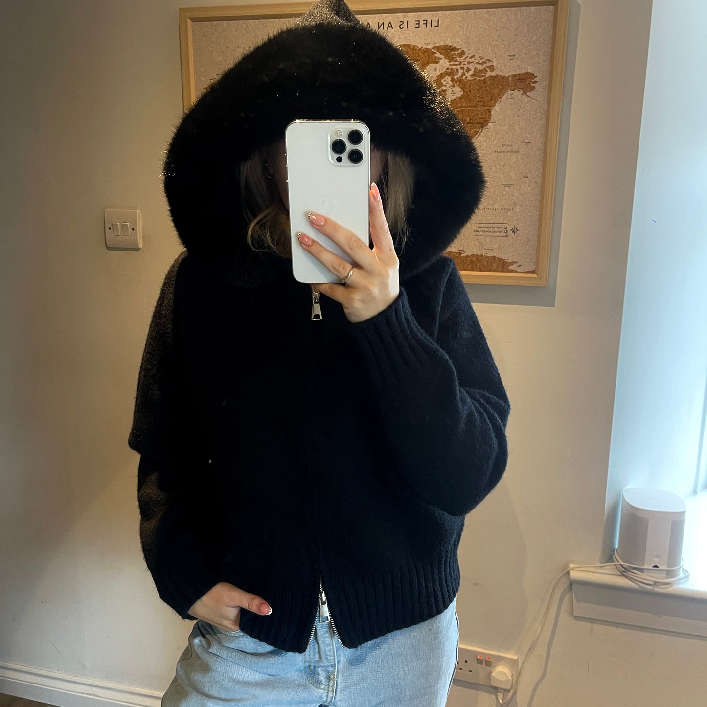 Black Faux Fur Trim Knit Zip-Up Coat