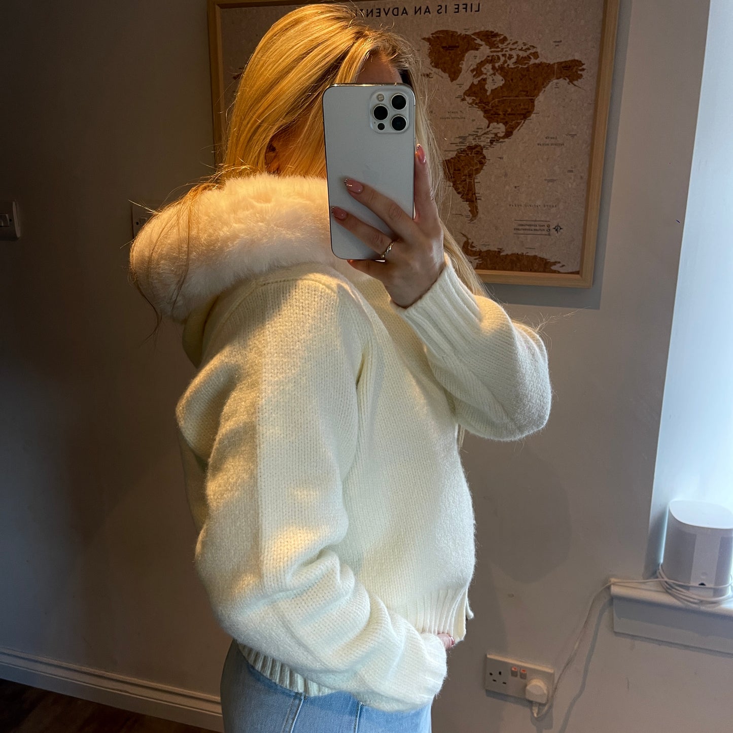 White Faux Fur Trim Knit Zip-Up Coat