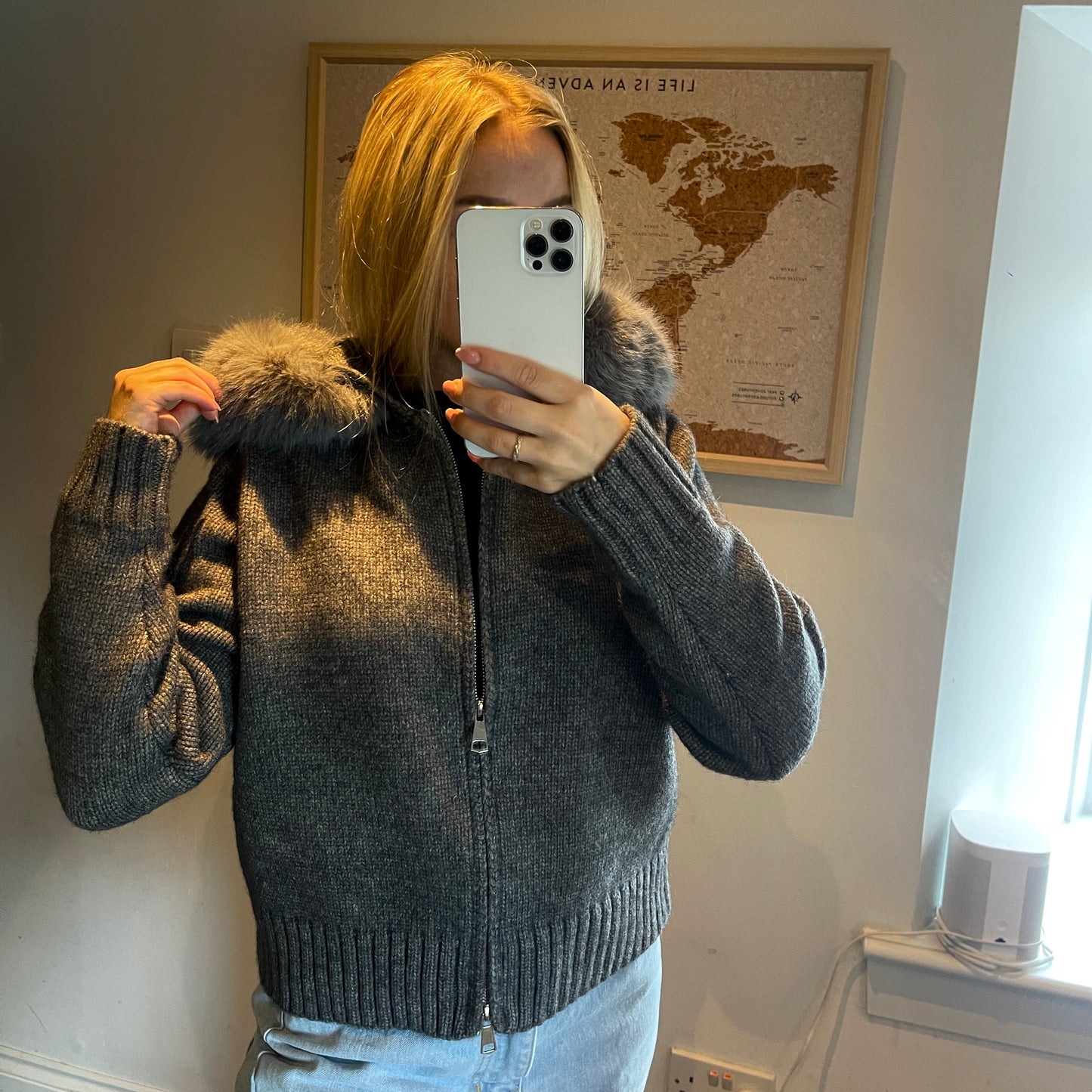 Grey Faux Fur Trim Knit Zip-Up Coat